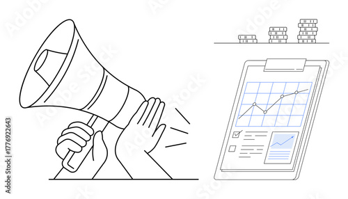 Hands holding a megaphone and bar graph analytics on a clipboard. Ideal for communication, marketing, business growth, analysis, promotion, leadership, and strategy concepts. Clean and simple flat