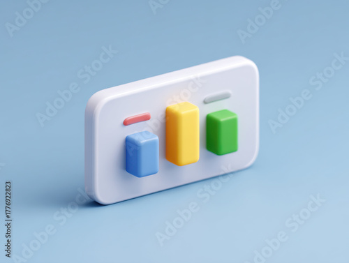 3D illustration of colorful bar chart on white rounded rectangle with blue background showing data comparison and progress
