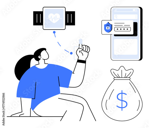 Woman making gestures linked to smartwatch and smartphone interaction, representing health monitoring, secure password management, and financial transaction automation. Ideal for wellness, security