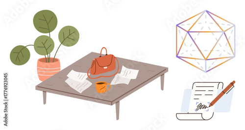 Wooden table with scattered papers, an orange mug, and a bag next to a potted plant, geometric design, and writing pen. Ideal for creativity, work, focus, organization planning design