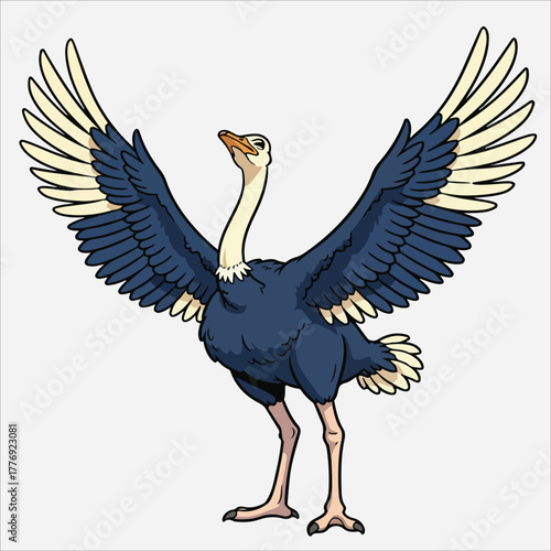 Illustration of an ostrich with outstretched wings against a plain white background.