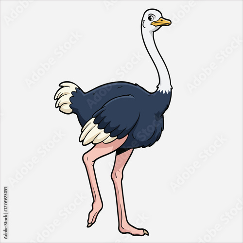 Cartoon illustration of an ostrich standing on a plain white background with a comical and playful mood.