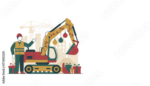 Construction worker stands by a festive excavator decorated with Christmas lights and ornaments Seasonal industrial theme
