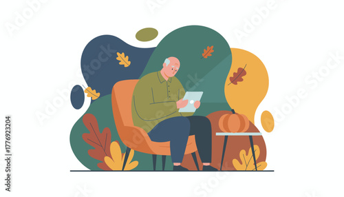 Senior man using a tablet relaxing in an armchair in an autumnal setting Digital literacy and leisure