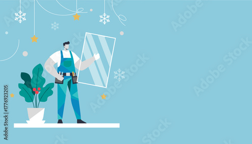 Professional service worker holding glass pane with winter holiday decorations background