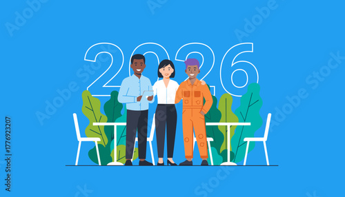 Diverse team planning 2026 goals Business professional and skilled worker collaboration