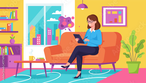 Freelance woman working on a digital tablet from a bright comfortable home office Creativity and remote work concept