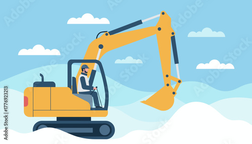 Worker operating a large yellow excavator at a construction site under a blue sky