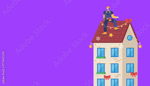 Professional worker decorating a house roof with festive Christmas lights