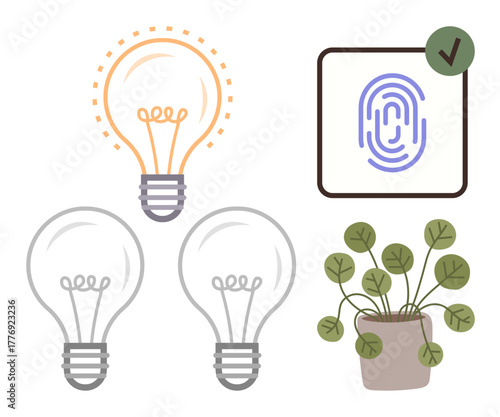 Three lightbulbs, one glowing, represent ideas fingerprint with checkmark illustrates authentication potted plant symbolizes growth and eco-awareness. Ideal for creativity, security, innovation