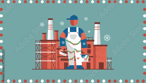 Holiday work at the factory Tradesman in decorated overalls with paint roller and snow