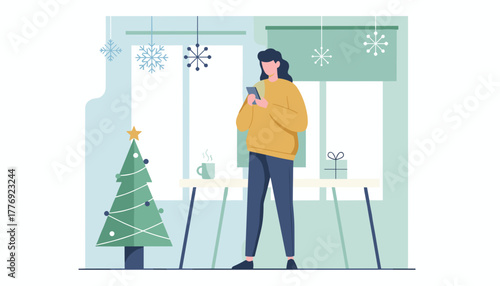 Woman checking phone in modern festive room decorated for Christmas and winter holidays