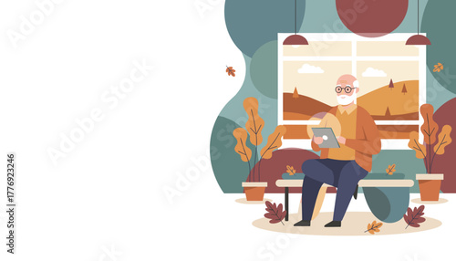 Senior man uses a tablet indoors during autumn Digital lifestyle and comfort concept