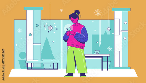 Woman using smartphone in modern winter holiday setting