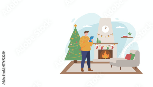 Man relaxing with tablet by the Christmas fireplace Seasonal illustration of home technology