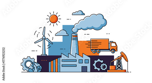 Energy production and industrial concept featuring factory wind turbine oil pump and truck