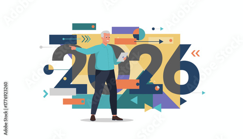 2026 business planning concept Executive pointing toward data visualization and future growth goals