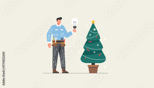 Professional electrician connecting light bulb for holiday Christmas tree decoration