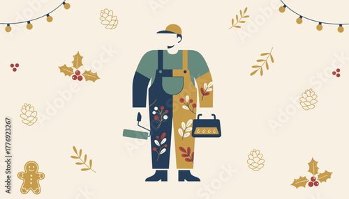 Festive handyman illustration with tools ready for winter home maintenance and repairs