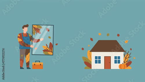 Professional installing a window for autumn home preparation Seasonal repair and maintenance service illustration