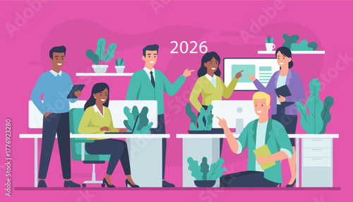Diverse business team collaborating in the modern office planning for the future in 2026