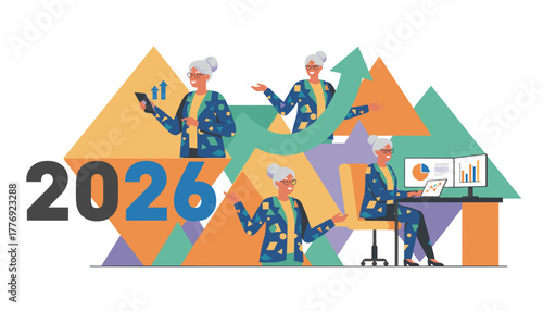 Senior business woman achieves 2026 financial success and corporate growth managing data