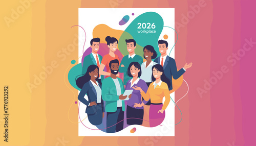 Happy diverse business team representing the modern 2026 workplace and collaboration