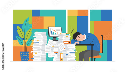 Stressed worker sleeping on desk buried under excessive paperwork and facing business decline