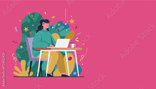 Woman working on laptop celebrating success and productivity in a vibrant remote work environment