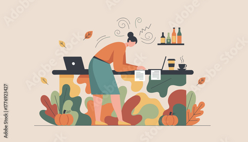 Overwhelmed woman working intensely on laptop during the busy fall season