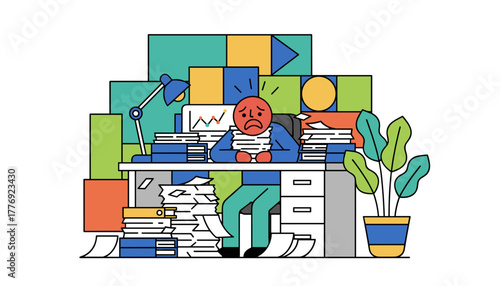 Employee burnout concept Stressed worker buried in paperwork at a messy office desk