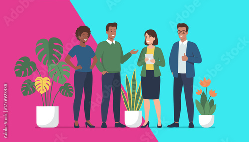 Professional business team meeting with diverse colleagues and indoor plants