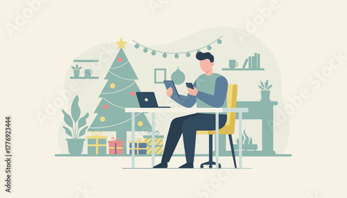Professional working remotely on laptop and mobile devices in a festive home office setting