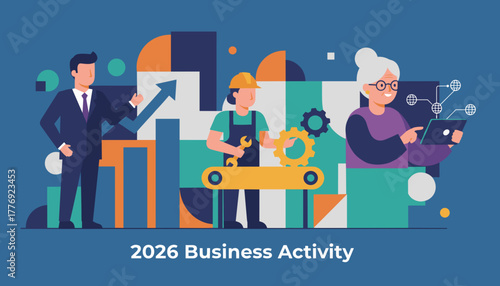 Business growth illustration showing executive worker and tech consultant collaboration