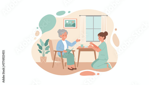 Home health nurse assists elderly woman with medication in a caring comfortable environment