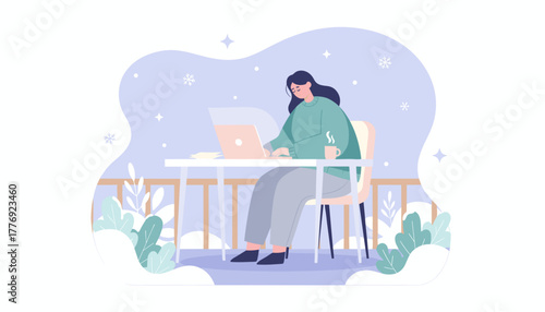 Woman working on laptop outside in winter with coffee Remote business lifestyle