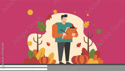 Man writing on clipboard surrounded by autumn leaves and pumpkins Flat vector illustration of fall planning