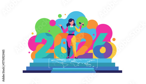 Professional speaker presenting future plans for 2026 on a global stage Vibrant vector art