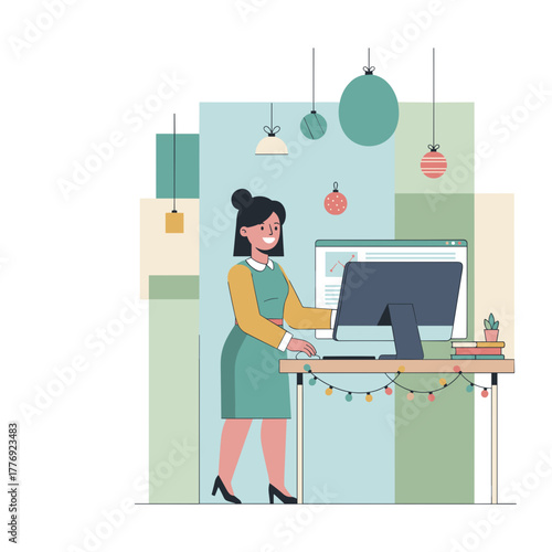 Businesswoman working on her PC in a festive office balancing productivity and holiday cheer
