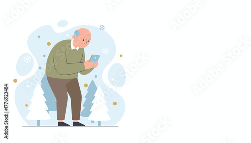 Elderly man struggles with smartphone technology in a stylized winter setting Senior digital literacy issue