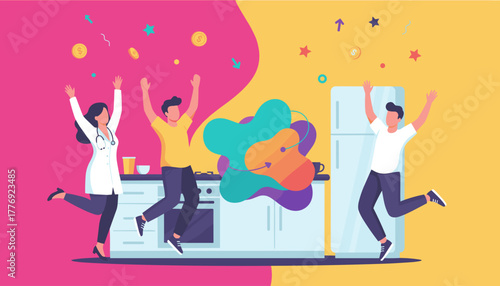 Joyful celebration of success and financial gain by healthcare professional and friends in a vibrant kitchen