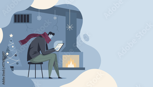Winter work Man uses a tablet by a cozy fireplace next to a Christmas tree