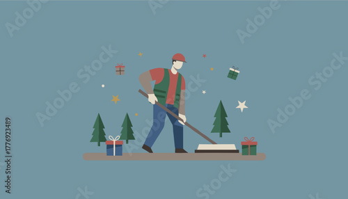 Holiday worker illustration clearing area near Christmas trees and falling gifts Seasonal service