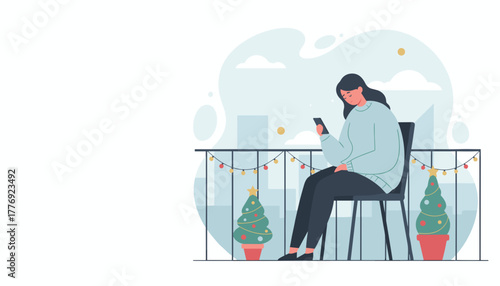 Woman uses her smartphone on a decorated balcony with city views during the winter holiday season