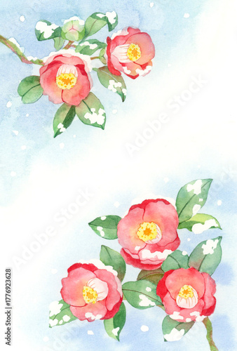 雪と椿の水彩イラスト　はがきテンプレート