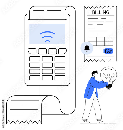 Card reader with receipt and wireless payment icon, billing document with button, and person holding light bulb. Ideal for payment systems, technology, innovation, finance, creativity, e-commerce