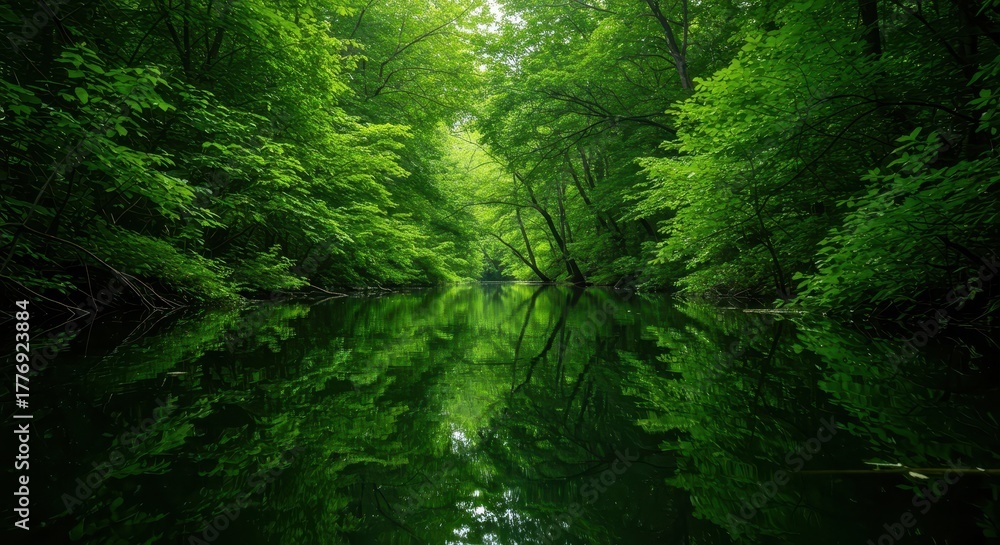 Fototapeta premium A peaceful, reflective water surface displaying lush emerald green hues from dense surrounding foliage and submerged plant life ,water ,pond ,flora