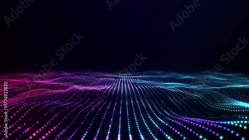 A mesmerizing digital landscape of glowing, undulating lines and particles in vibrant pink and blue hues against a dark background, creating a sense of depth and movement.
