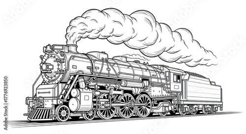 Vintage steam locomotive illustration black and white transportation image