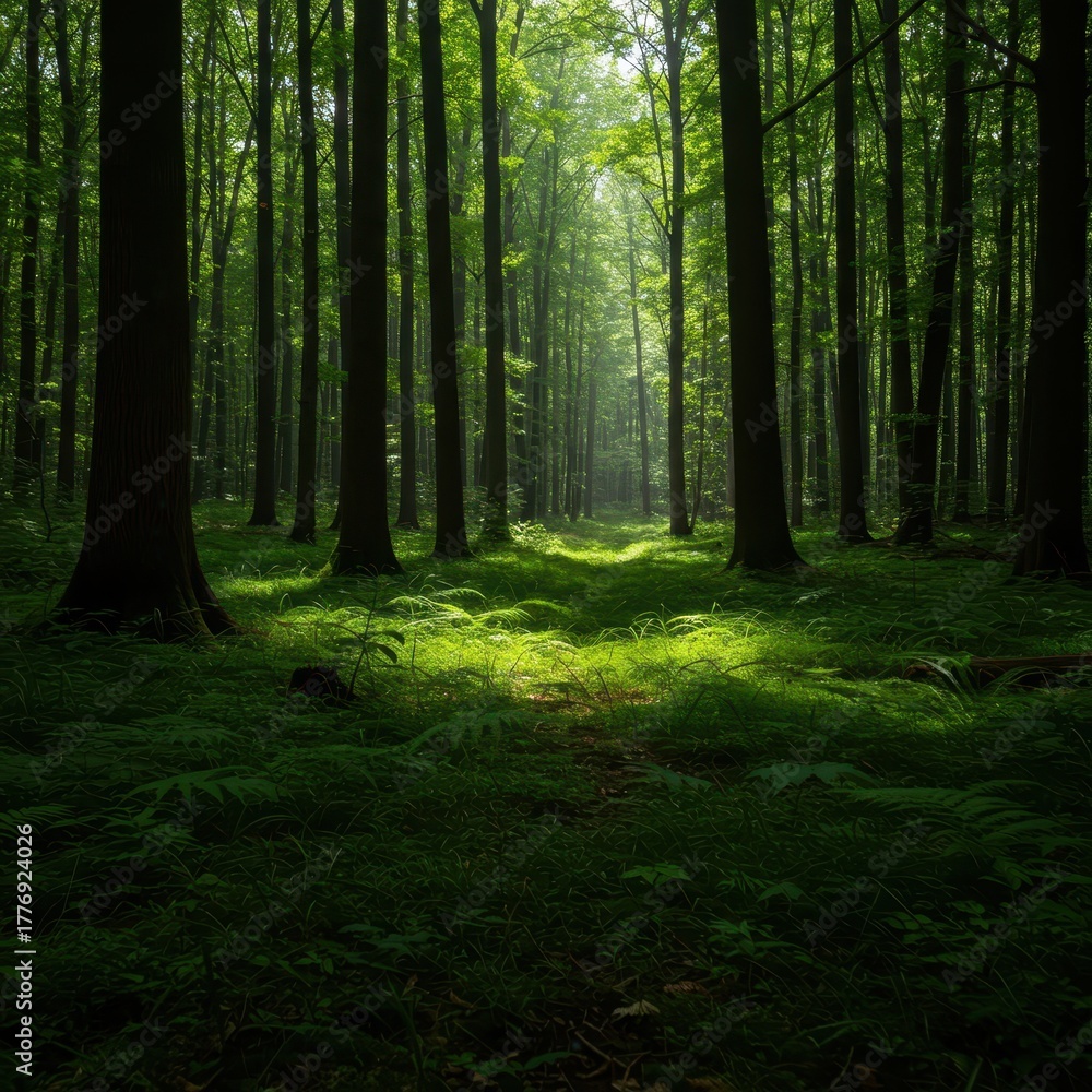 Fototapeta premium Deep, immersive forest ecosystem featuring towering trees reaching for the canopy and vibrant green, dense undergrowth thriving below the shaded light ,massive, dense, undergrowth